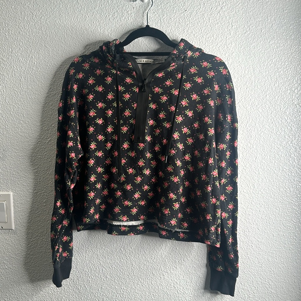 Alice + Olivia black pink  floral half zip crop hoodie size small p - Picture 3 of 7